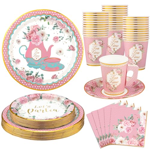 NatNarr Tea Party Decorations for Girls, 25 Guest Mother's Day Party Supplies Include Tea Plates, Napkin, Cup with Gold Foil Design, Floral Spring Tableware Set for Garden, Girl's Birthday