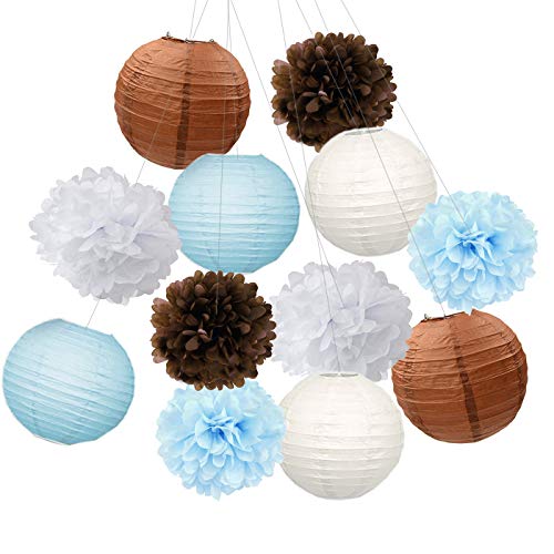 Furuix Teddy Bear Theme Baby Shower Decorations White Brown Blue Tissue Pom Pom Paper Lanterns Teddy Bear Theme Birthday Party Decorations