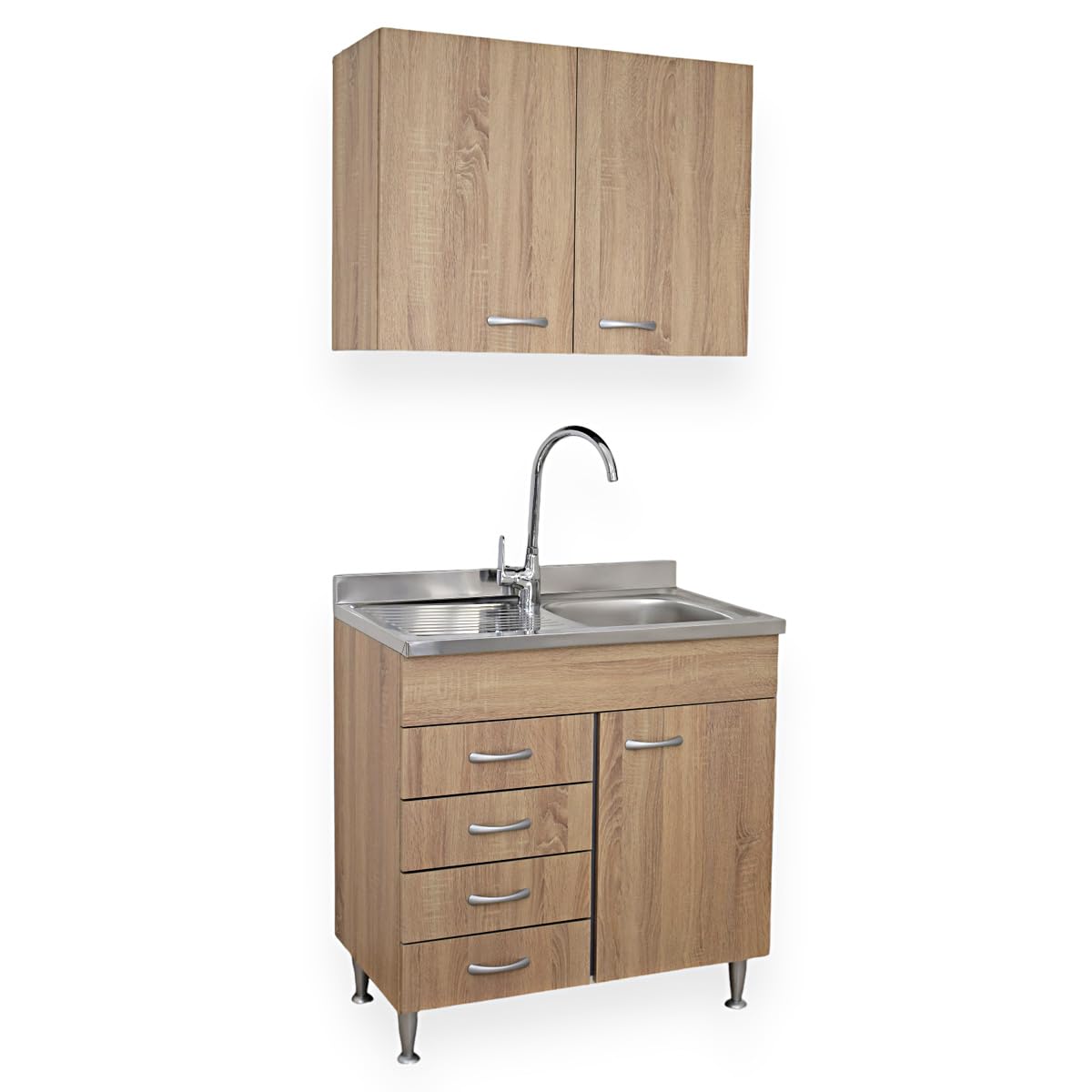 Yellowshop - Mobile cucina sottolavello a 1 anta e cassettiera cm 80 effetto legno rovere well componibile con lavello inox e scolapiatti Basic (Sottolavello completo cass. Sx)