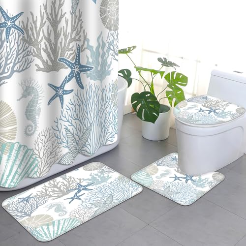 APROPHIC Ocean - Juego de cortina de ducha (4 piezas, diseño de animales marinos, incluye cortina de ducha y alfombra, alfombrilla para tapa de inodoro y almohadilla en forma de U, lavable con 12