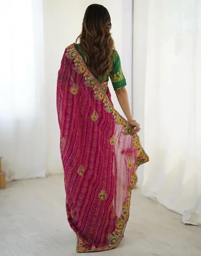 Image of Women's Georgette Bandhani Printed Embroidery Saree with Unstitched Blouse Piece