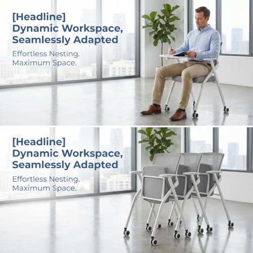 Image of Folding Training Chairs with Desk Attached, Office Meeting Chair with Writing Tablet & Cup Holder, Space-Saving Nesting Stackable Chairs with wheel for Conference Room,Seminar, Classroom Chair,Gray∰wh