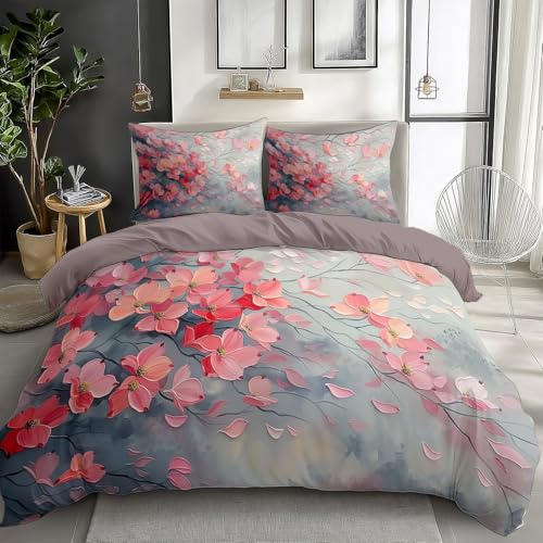 Pink Bedding Sets Painting Red Dogwood Flowers Print Duvet Cover Set, Comforter Cover Full Size Soft Breathable Reversible 3-Piece Bedding for Kids Teens