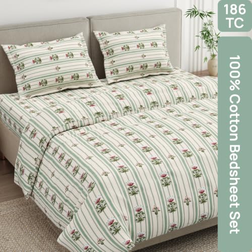 Image of Haus & Kinder Bedsheet for Double Bed King Size, King Size Bed Sheet Cotton with 2 Pillow Covers 108 Inch x 108 Inch| Premium Soft & Silky Pure Cotton 186 TC King Bedsheet | Striped Garden