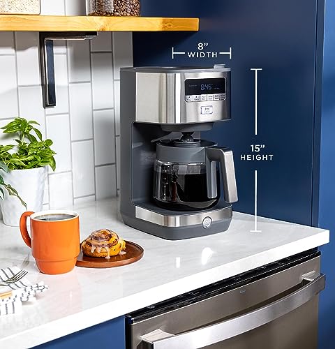 Image of GE Drip Coffee Maker With Timer | 12-Cup Glass Carafe Coffee Pot With Adjustable Keep Warm Plate | Wide Shower Head for Maximum Flavor | Kitchen Essentials | Stainless Steel