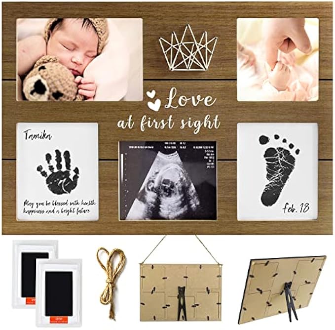 KOIKEY Baby Handprint Footprint Keepsake Kit - Ultrasound and Newborn Picture Brown Nursery Decorative Wood Frame Kit with No-Clean Print Pad for Baby Shower or New Parents Gift