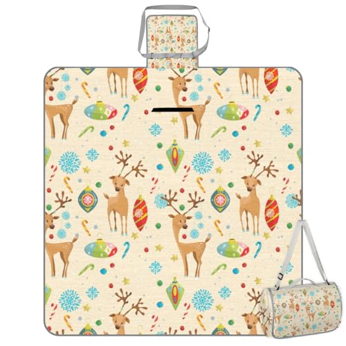 Shimoshe Picnic Blankets 57”x 59”, Christmas Elk Snowflakes Waterproof Sandproof Picnic Mat Lightweight Foldable Beach Blanket for Camping Park Grass Beach Outdoor Blanket