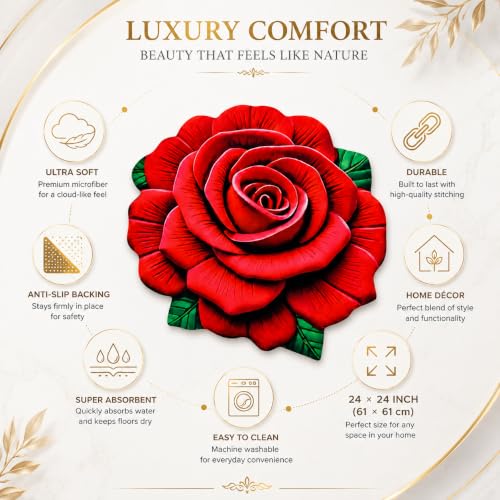 Image of 3D Rose & Floral Door Mat | Water Absorbent, Anti-Skid, Machine Washable Floor Mat | Soft Microfiber Carpet for Home, Living Room & Bedroom | Premium Decorative Mat (Red Rose with Leaf, Rose)