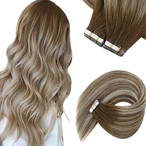 Sunny Ash Blonde Tape in Hair Extensions Color #P18/613 Ash Blonde Highlight with Bleach Blonde Hair Extensions 100% Remy Hair Extensions Tape in Silky Straight Hair for Women 14 Inch 20pcs 50g