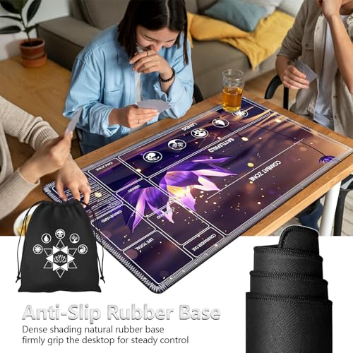 Image of for MTG Playmat with Card Storage Bag,Non-Slip Rubber Base & Smooth Surface 24x14in,Beginner-Friendly Magic Mat for Commander Deck,Purple Lotus Flower-1