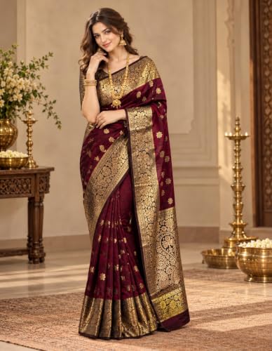 Image of Womens Banarasi Kanjivaram Art Silk Saree | Scattered Floral Butti & Heavy Paisley Zari Border | Includes Unstitched Blouse Piece