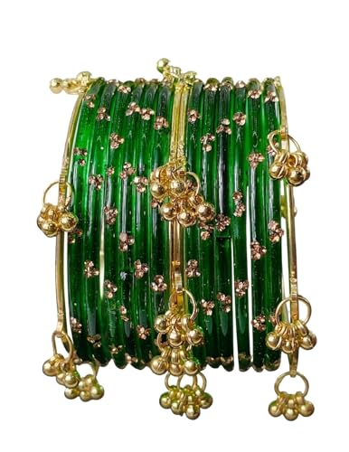 Image of NMII Viral Multi Colour Glass Bangles with Golden Ghungroo Charms & Stone Work For Women & Girls | Fancy Designer Glass Bangle | Traditional Chudi | Kanch Ki Churi | Stylish Ghungroo Bangle For Women