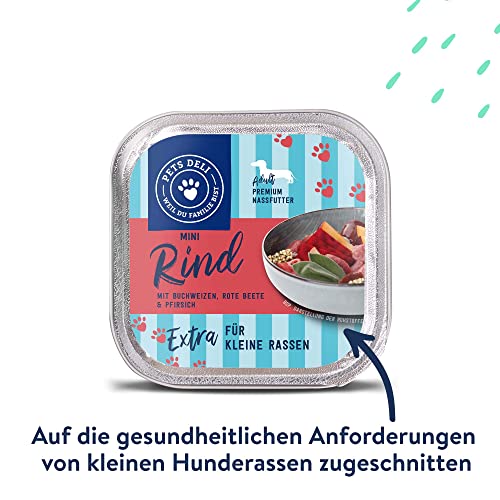 Pets Deli Mini Hunde Nassfutter Rind & Buchweizen für kleine, wählerische Rassen, leicht verdaulich, getreidefrei, ohne Zucker, 16x100 g, Premium Qualität