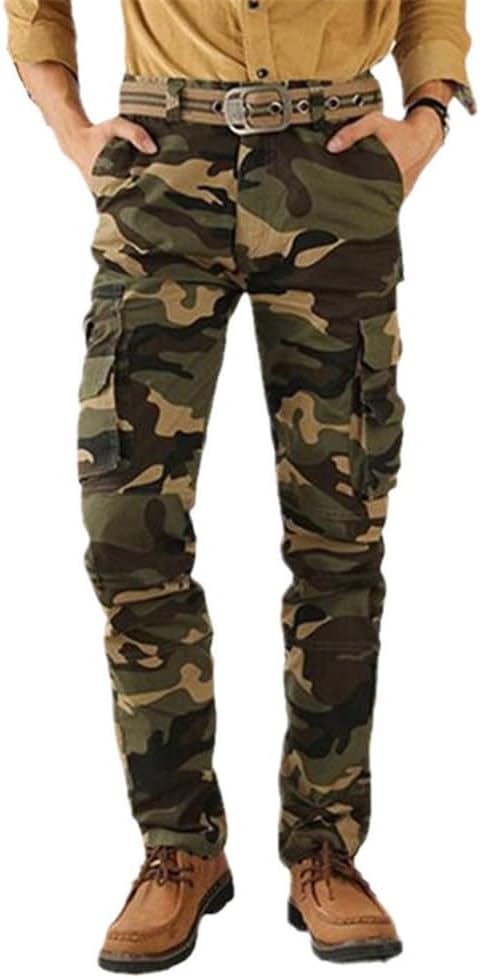 Men's Autumn Cargo Pants Cotton Camouflage Joggers, Straight Leg Military Army Trousers with Multi-Pockets