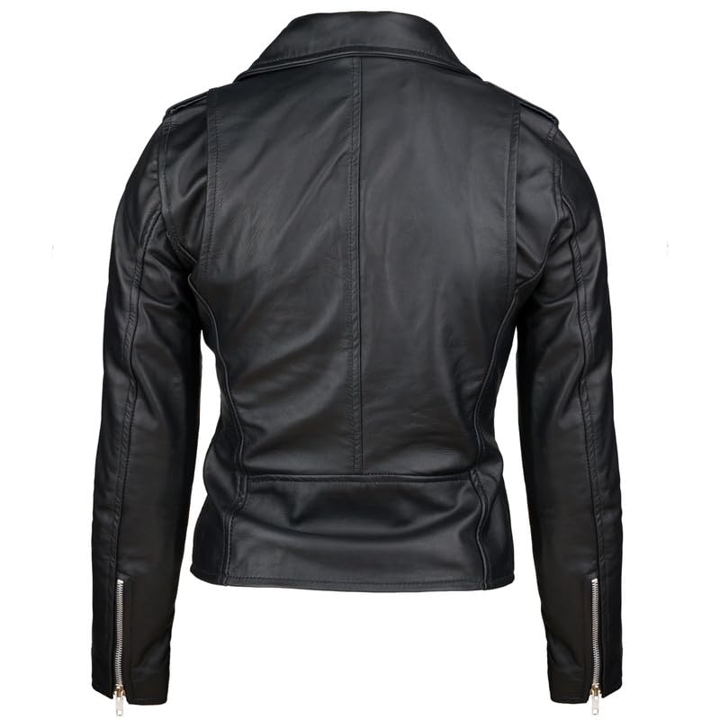 URBAN 5884 Damska kurtka skórzana z prawdziwej skóry jagnięcej, kurtka motocyklowa Amy Slim Fit, asymetryczny zamek błyskawiczny, miękka skóra, czarna, czarny, 5XL