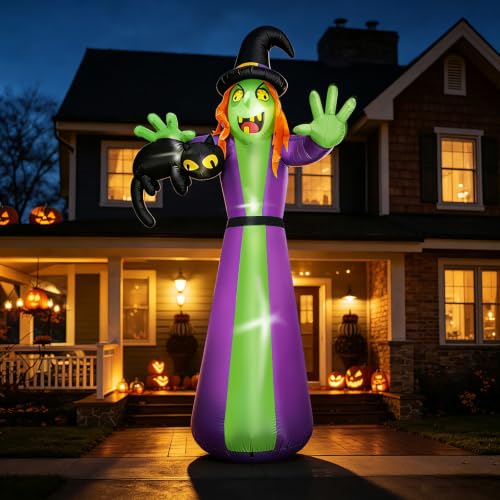 12 FT Giant Halloween Inflatables Witch Outdoor Decoration-Huge Blow Up Spooky Witch Grabbing Black Cat with Built-in LEDs - image 1