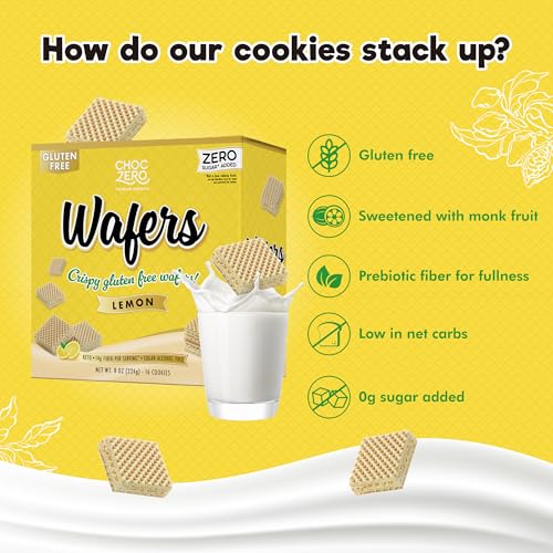 Image of ChocZero Sugar Free Lemon Wafer Cookies, No Sugar Alcohols, Keto, Gluten Free, High Fiber, 16 Count, 8 oz Box