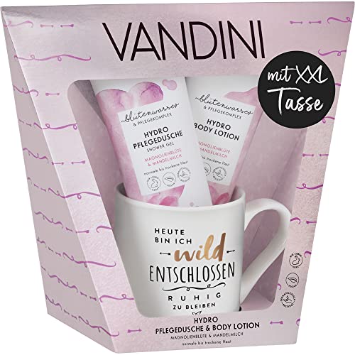 VANDINI Geschenkset mit XXL Tasse - Hydro Pflege Duschgel & Body Lotion für Frauen mit normaler bis trockener Haut - Shower Gel & Bodylotion Beauty Set - Wellness Set, Pflegeset Damen, Körperpflege