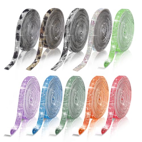 JVHLOV 10 Rollos Cinta de Diamantes Autoadhesiva, 1 Yarda x 4 Filas por Rollo, Cinta Brillante para Manualidades DIY, Decoración de Teléfono, Coche, Boda, Fiesta y Regalos (Colores Surtidos 2)