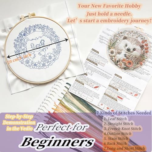 Image of FONNUY Embroidery Kit for Beginners, Cute Hedgehog Stamped Embroidery Patterns Kits for Adults with Hoop, Easy to Follow Sewing Thread Needlework, 8'' Hoop (Tiny Ball)