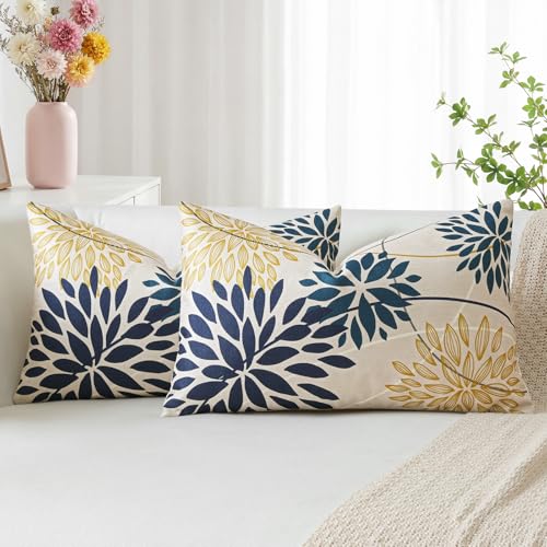 Artscope Abstraites Fleurs Bleu Jaune Cyan Housse de Coussin Géométrique 30x50cm, Lot de 2 en Lin Canapé Taie d'oreiller pour Maison Salon Chambre Printemps...