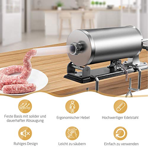 DREAMADE 3,6 L Wurstfüller Manuell, Wurstfüllmaschine mit 4 Füllrohre, Wurstfüller Edelstahl Wurstmaschine, Fleischwolf… – Bild 3