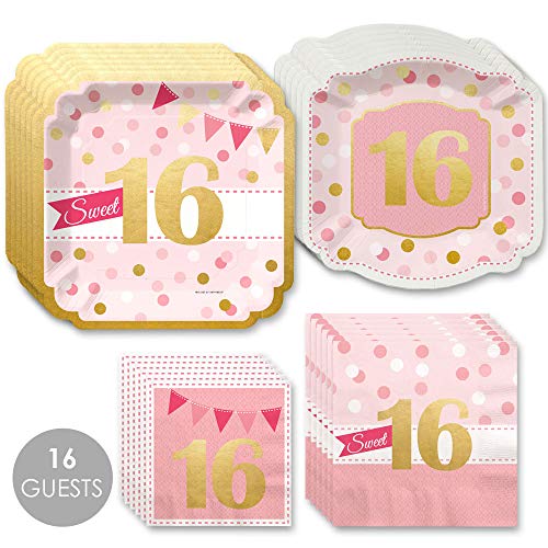 Best Deal Cheap 🛒 Big Dot of Happiness Sweet 16 with Gold Foil - 16th Birthday Party Tableware Plates and Napkins - Bundle for 16