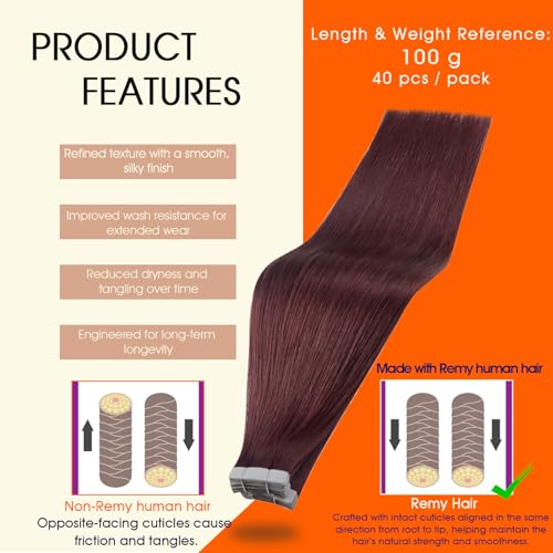 Image of Full Shine Tape in Hair Extensions Real Human Hair Color 99J Tape in Extensions Seamless Invisible Skin Weft 24Inch Long Straight Extension Soft Silky for Daily Office Look 100G 40Pcs