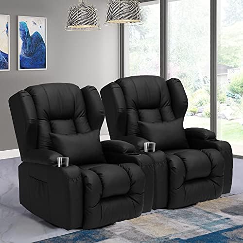 OBBOLLY Swivel Rocker Recliner Chair (Set of 2) - Manual Glider Rocking Recliner Chair, Wing Back Design 360° Swivel Lounge Chair with Lumbar Pillow, Cup Holder, Side Pockets for Living Room, Black