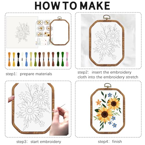Image of INFUNLY 6 Sets Octagon Sunflowers Embroidery Kit for Beginners Bee Stamped Embroidery Starter Kit 11.8x11.8 Vintage Hand Stitching Needlework Set with Step-by-Step Instruction for Adults Home Decor