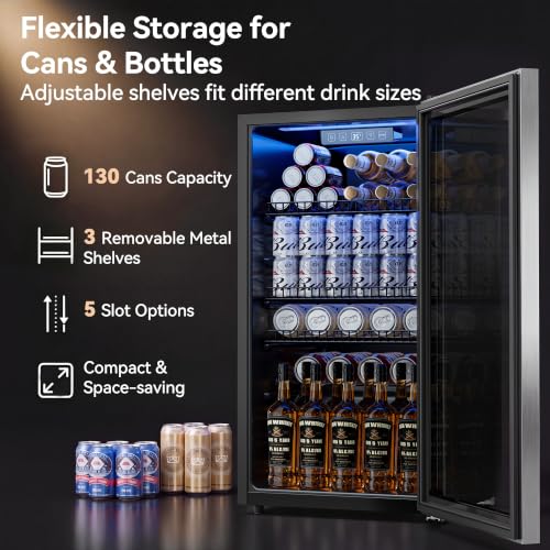 Image of Tehanld 3.2 Cu.Ft Beverage Fridge, Mini Fridge With Glass Door, Beverage Cooler Refrigerator, Wine Drink Beer Fridge, Adjustable Shelves & Digital Temperature Display, 26 Bottle 128 Can, Silver
