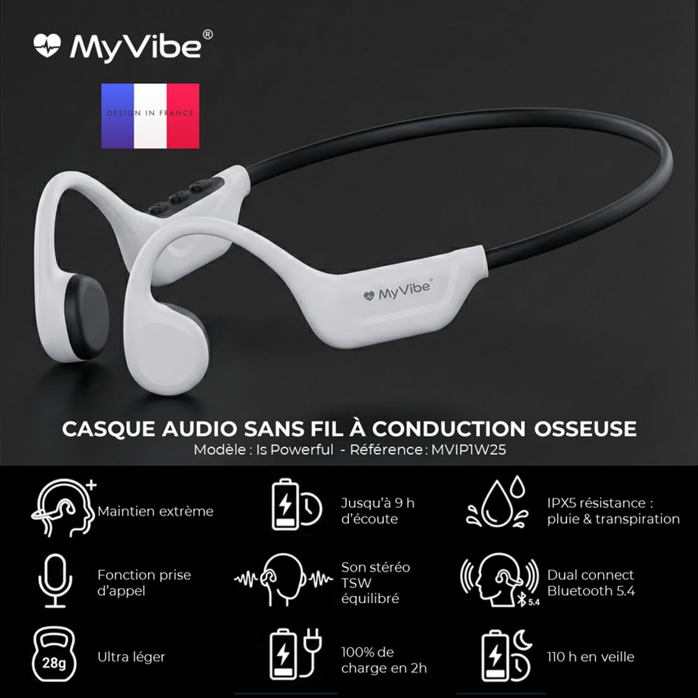 MYVIBE is Powerful Casque à Conduction Osseuse Sport Bluetooth - Écouteurs Oreilles Libres IPX5 Étanche, 9H Autonomie, Ultra Léger 28g - Idéal Running, Randonnée, Fitness & Urbain (Blanc)