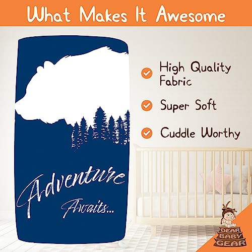 Image of Dear Baby Gear Deluxe Baby Crib Sheet - Cotton Polyester Infant Sheets - Soft Machine-Washable Crib Mattress Cover - Newborn Nursery Bedsheet - Navy Bear Adventure Awaits - Pine Trees Print, 52x28x10