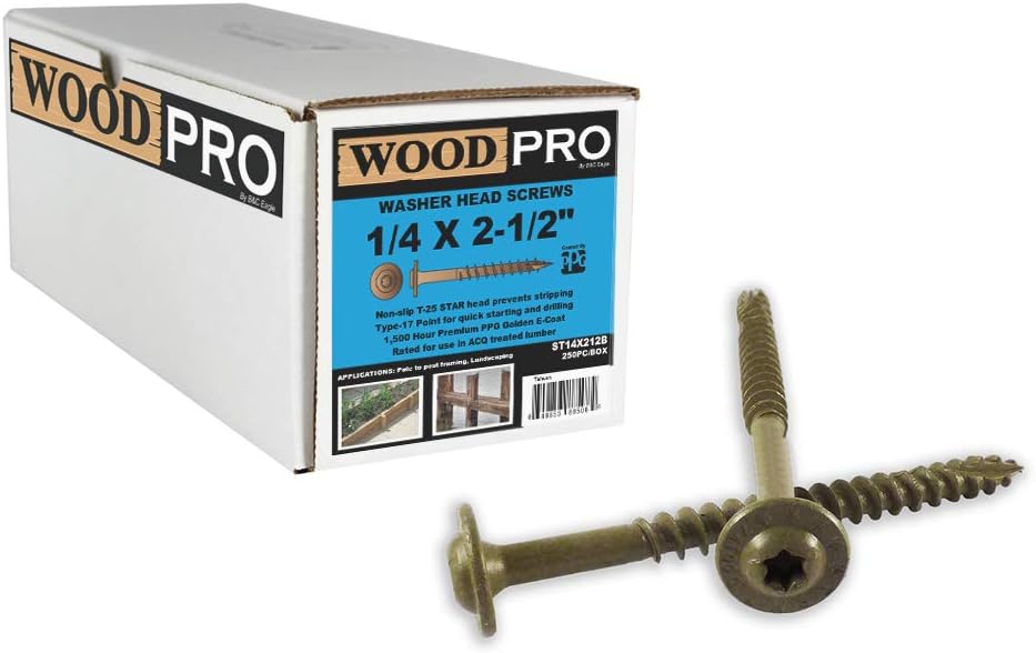 WoodPro Fasteners ST14X212B 1/4-Inch by 2-1/2-Inch Length Round Washer Head Exterior Wood Screws, 250-Pack