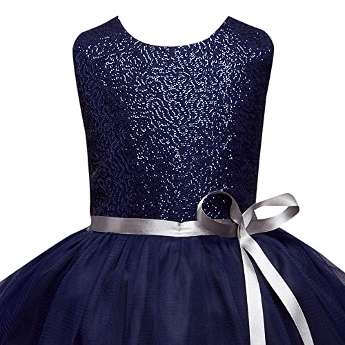 Image of Hopscotch Baby Girls Polyester Blend Sequins Sleeveless Dress Frock with Lace Bow Applique in Navy Color
