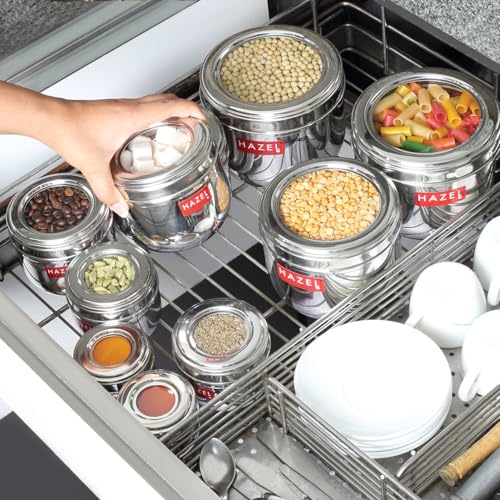 Image of HAZEL See Through Kitchen Storage Container Set 1100ml (Set of 6) | Stainless Steel Dabbas with Transparent Top for Pantry Use