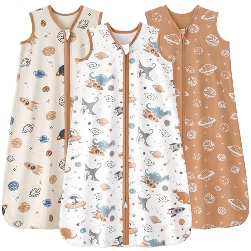 Image of FIEMOL Baby Sleep Sack 0-6 months, 100% Cotton Sleeping Sack for Newborn and Infant, 3 Pack Baby Wearable Blanket for Boy and Girl, 0.5 Tog Lightweight Double Zipper Sleep Bag Coffee Dinosaur Planet