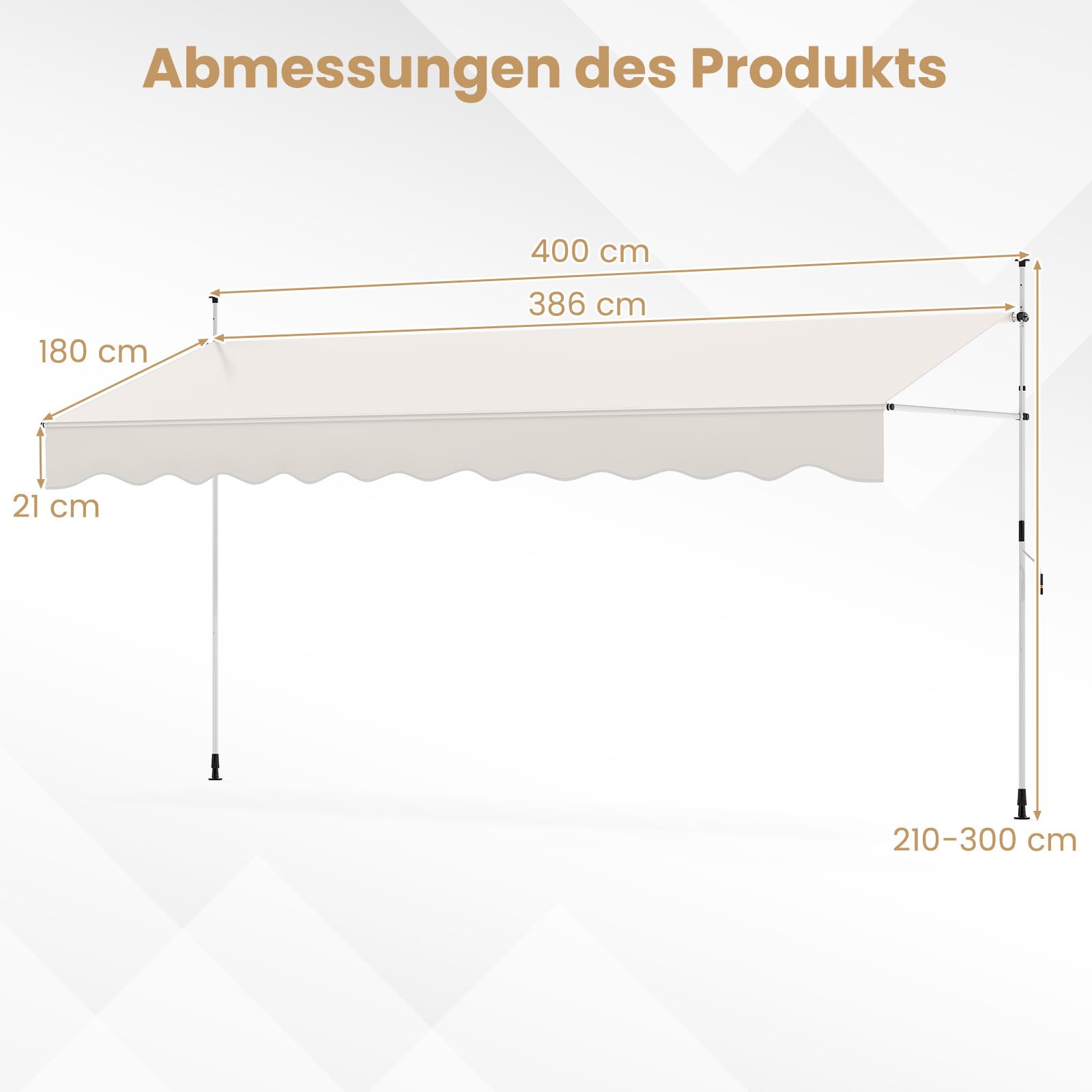 COSTWAY Klemmmarkise, Balkonmarkise ohne Bohren mit Handkurbel, Höhenverstellbar & UV-beständig, Markise Sonnenschutz für Terrasse, Balkon, Garten (400 cm,Weiß)