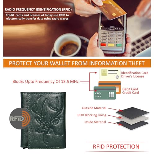 Image of Men's Genuine Leather RFID Wallet | Premium Slim Red Wallet for Men with Deer 3D Print | 8 Card Slots Secure and Durable Design | Casual Stylish | Formal & Gifting Use, Silver (Green)