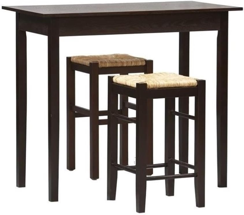 Pemberly Row 3 Piece Pub Dining Set, Espresso Finish, Solid Wood and MDF, Includes Rectangular Table and 2 Backless Stools with Rush Seats, Space-Saving Counter Height Kitchen or Dining Room Set