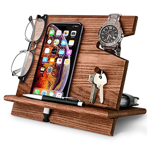 BarvA Wood Docking Station Cell Phone Smartwatch Holder Men Charging Accessory Nightstand Father Mobile Gadget Organizer Desktop Dresser Storage Valet Anniversary Birthday Graduation Gift
