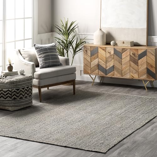 nuLOOM Alfombra tejida a mano de yute Rigo, de 4 x 6, color gris, diseño sólido de granja, fibra natural, para dormitorio, sala de estar, comedor, pasillo, oficina, cocina, entrada
