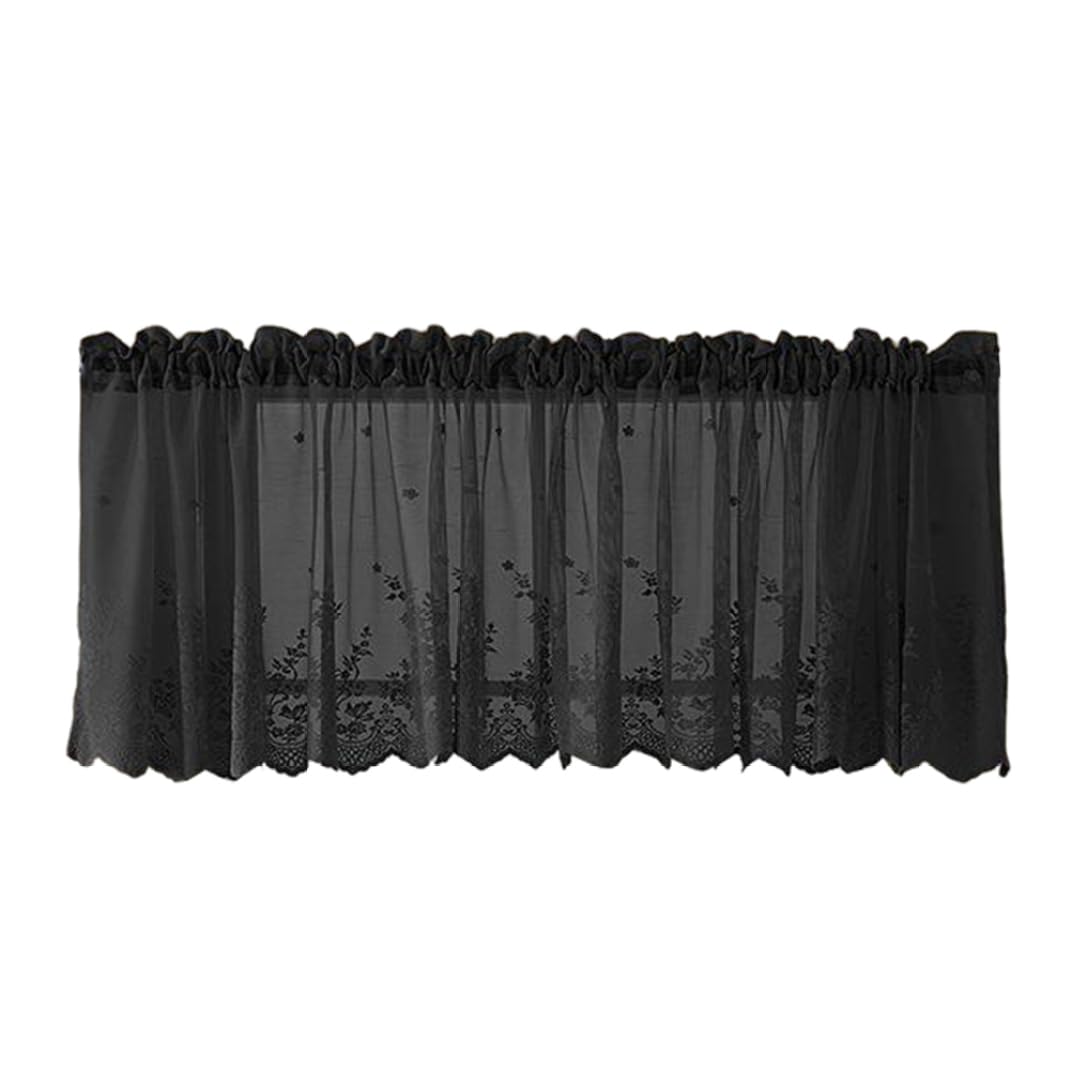 Hbbgdiy Sheer Valance Curtain for Kitchen Window, Short Floral Lace Curtains with Pocket Top, Tulle Semi-Transparent Window Drapery 130x41CM, Elegant, Black
