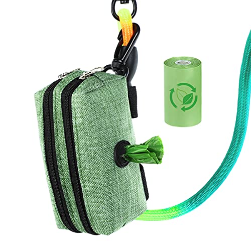 SEVVIS Dog Poop Bag Holder Leash Attachment - Poop Bag Dispenser for Leash - Dog Bag Holder for Leash with 2 Zipper, Pet Waste Bag Dispenser Fabric, Dog Bag Dispenser for Dogs, 1 Free Roll, Green