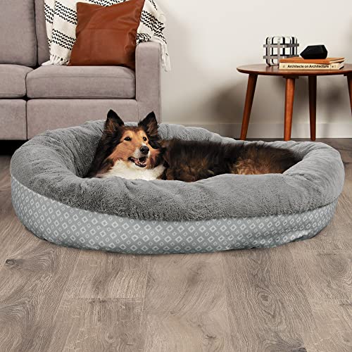 Image of Furhaven 45 inch Round Donut Dog Bed for Large Dogs, Refillable w / Removable Washable Cover, For Dogs Up to 90 lbs - Plush & Diamond Print Donut Bed - Gray, Jumbo /XL, 45.0 inchL x 45.0 inchW x 9.0 inchTh