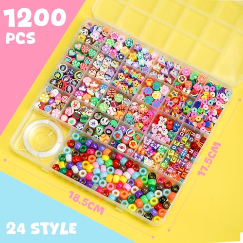 Image of Gionlion 1200 Pcs Polymer Clay Beads Bracelet Making Kit, 25 Style Animal Fruit Flower Butterfly Bunny Pony Letter Beads Charms for Jewelry Making, DIY Art and Crafts Toys Gifts