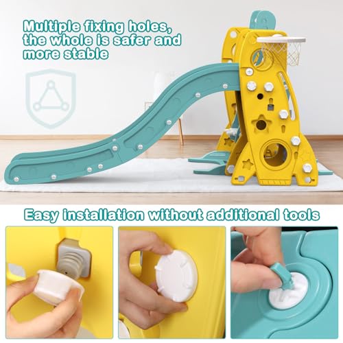 Hapsor Toddler Slide and Swing Set, 4 in 1 Kids Slide with Ball Pit, Basketball Hoop, Height Adjustable Swing, Versatile Fun Outdoor Indoor Playground for Toddlers Playset 1-3