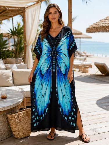 Image of sunforyou Kaftan Dresses for Women Plus Size Lightweight Swimsuit Cover up Batwing Sleeve Print Loungewear Beach Robe