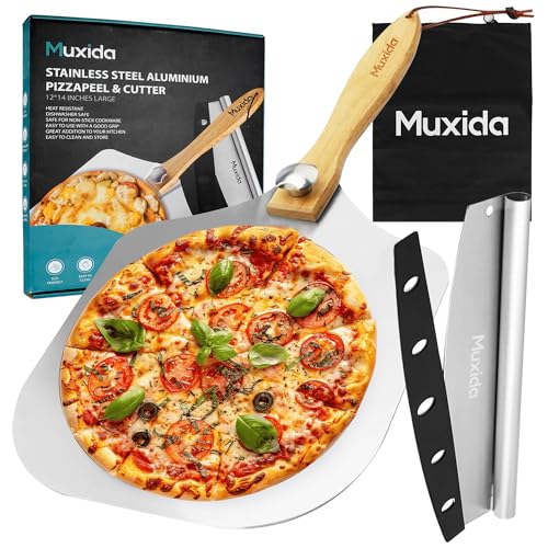 Muxida Aluminum Pizza Peel & Rocker Cutter Set (12" x 14") – Premium Stainless Steel Pizza Paddle with Foldable Wooden Handle, Lightweight Bread Peel with Storage Bag for Oven & Outdoor Pizza Maker Muxida Aluminum Pizza Peel & Rocker Cutter Set (12" x 14") – Premium Stainless Steel Pizza Paddle with Foldable Wooden Handle, Lightweight Bread Peel with Storage Bag for Oven & Outdoor Pizza Maker