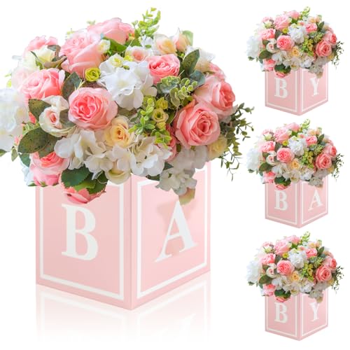 Mordederas Y Chupones, Toy 4 cajas de flores para baby shower, centros de mesa, decoración de bloque, diseño floral, color rosa, centro de mesa para bebé en flor, revelan género,...